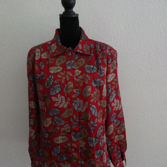 Red color blouse with golden leaves design, shiny - Picture 3 of 9